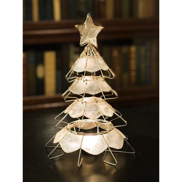Vintage Capiz Shell Christmas Tree Candle Holder with Brass Frame Star Topper - Picture 1 of 16
